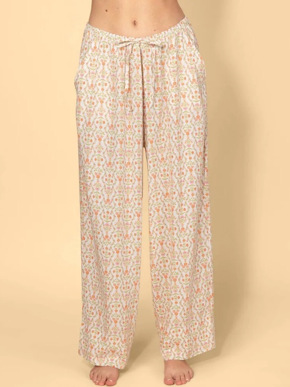 Target Womens Floral Print Drawstring Pajama Pants - White with Pink & Green - Picture 1 of 3